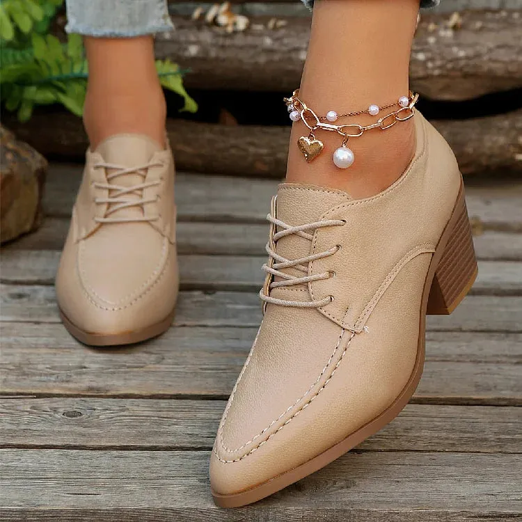 Scarpe Oxford con lacci, punta affilata, tacco spesso, punto patchwork 