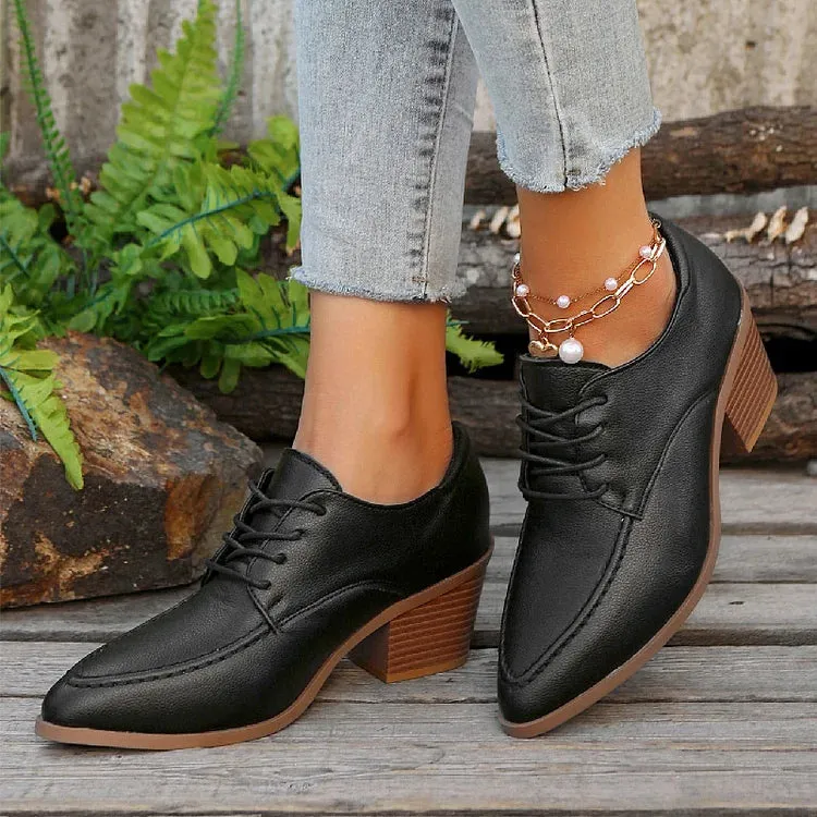 Scarpe Oxford con lacci, punta affilata, tacco spesso, punto patchwork 