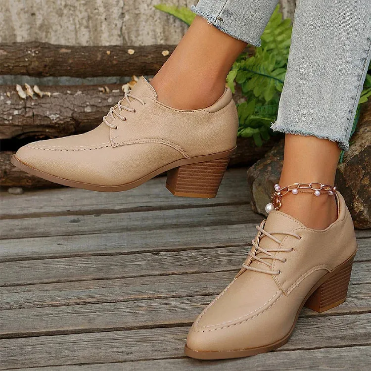 Scarpe Oxford con lacci, punta affilata, tacco spesso, punto patchwork 