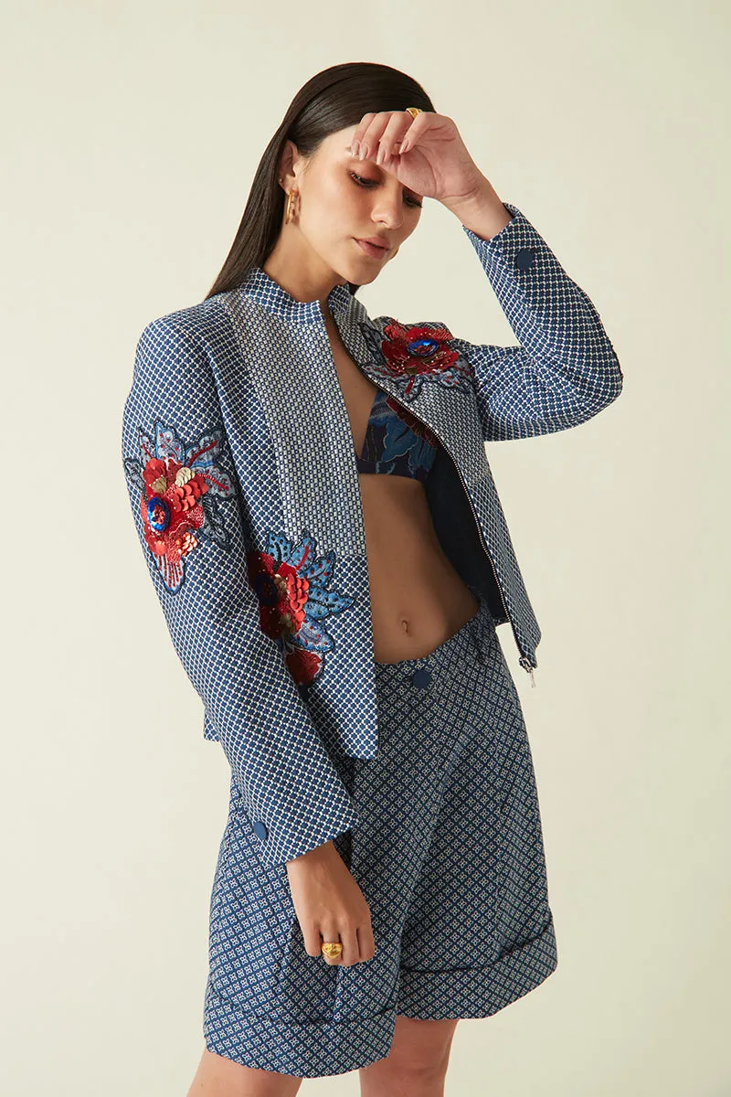 Serang navy quilted embroidered jacket