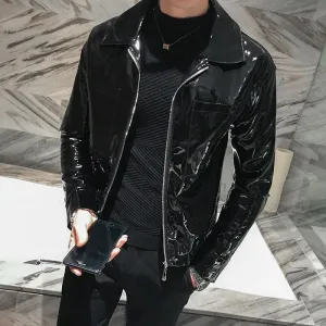 Shiny Solid Color Slim Fit Leather Jacket for Nightclub Wear