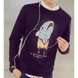 Slimming Fish Man Cartoon Print Round Neck Long Sleeve Sweatshirt For Men - Black Xl