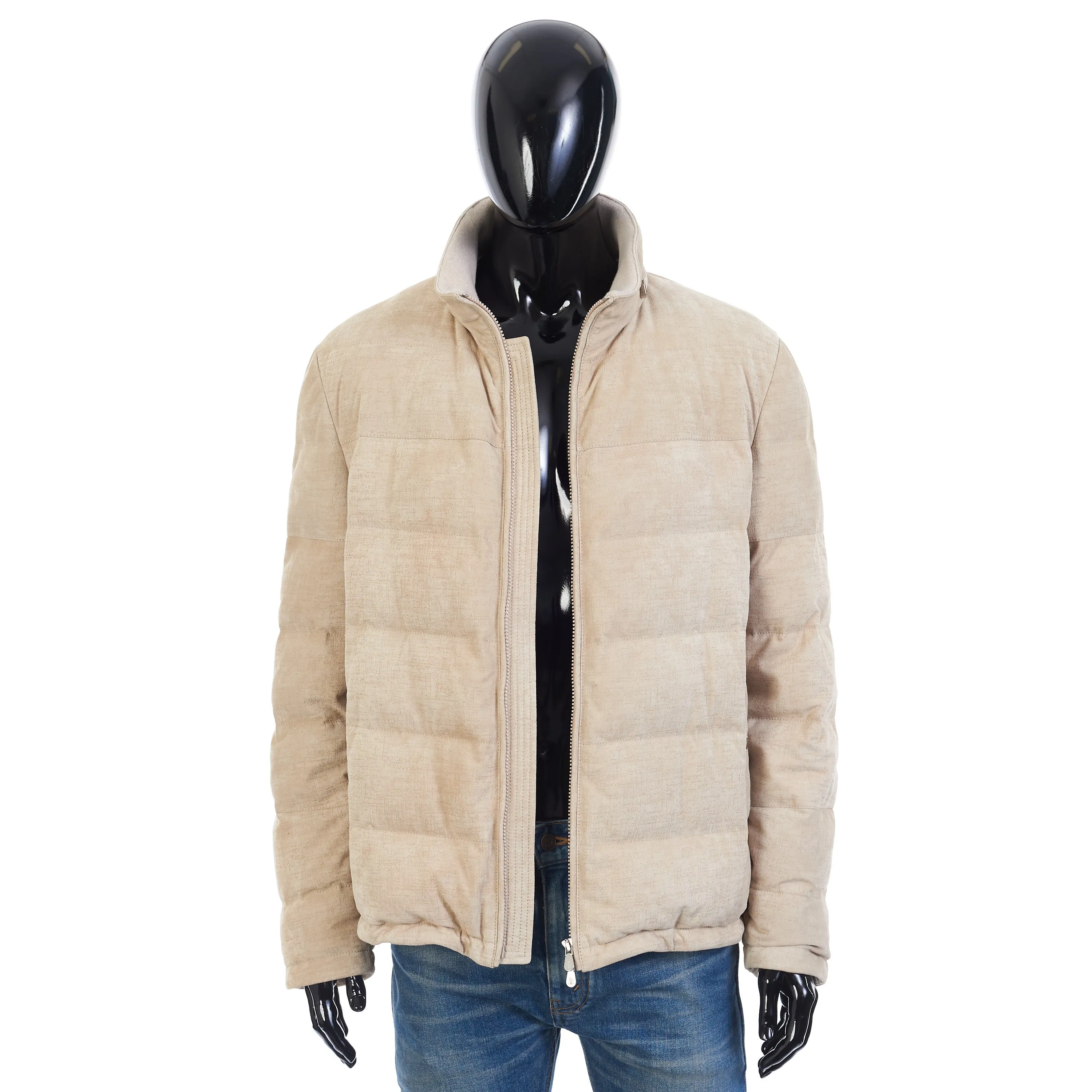 Soft Beige Padded & Quilted Leather Jacket