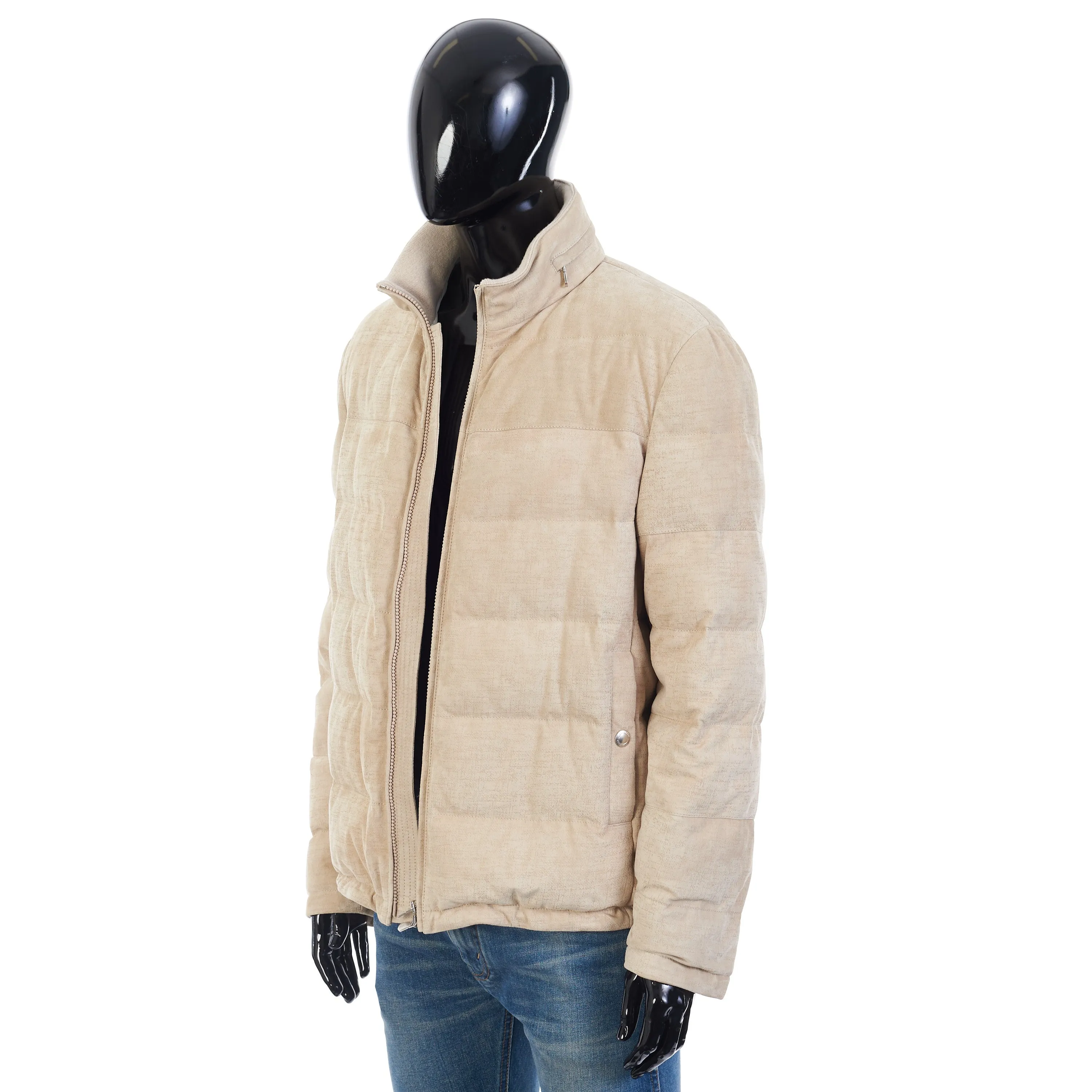 Soft Beige Padded & Quilted Leather Jacket