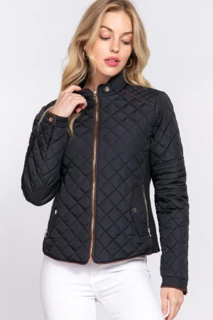 Suede Piping Rib Quilted Padding Jacket - Black