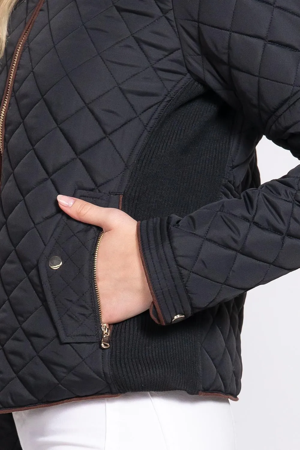 Suede Piping Rib Quilted Padding Jacket - Black