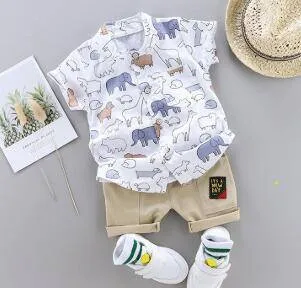 Summer Boys Cartoon Dinosaur Print Short Sleeve Outfit - White, Blue, Green, Pink, Beige, Khaki, Red
