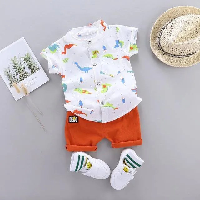 Summer Boys Cartoon Dinosaur Print Short Sleeve Outfit - White, Blue, Green, Pink, Beige, Khaki, Red