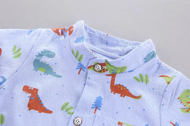 Summer Boys Cartoon Dinosaur Print Short Sleeve Outfit - White, Blue, Green, Pink, Beige, Khaki, Red