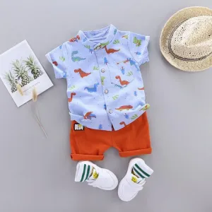Summer Boys Cartoon Dinosaur Print Short Sleeve Outfit - White, Blue, Green, Pink, Beige, Khaki, Red