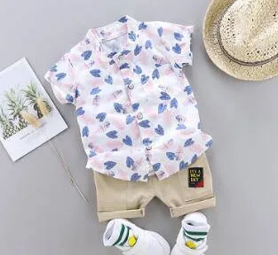 Summer Boys Cartoon Dinosaur Print Short Sleeve Outfit - White, Blue, Green, Pink, Beige, Khaki, Red