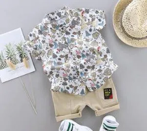 Summer Boys Cartoon Dinosaur Print Short Sleeve Outfit - White, Blue, Green, Pink, Beige, Khaki, Red