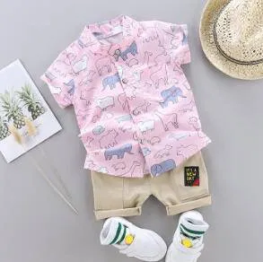 Summer Boys Cartoon Dinosaur Print Short Sleeve Outfit - White, Blue, Green, Pink, Beige, Khaki, Red