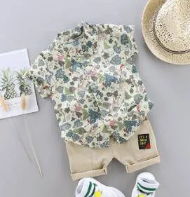 Summer Boys Cartoon Dinosaur Print Short Sleeve Outfit - White, Blue, Green, Pink, Beige, Khaki, Red