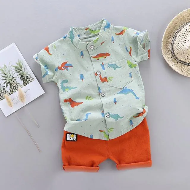 Summer Boys Cartoon Dinosaur Print Short Sleeve Outfit - White, Blue, Green, Pink, Beige, Khaki, Red