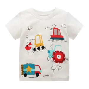 Summer Boys Machinery Print Cotton T-shirt - White