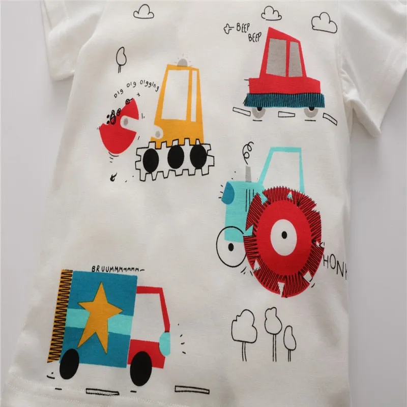 Summer Boys Machinery Print Cotton T-shirt - White