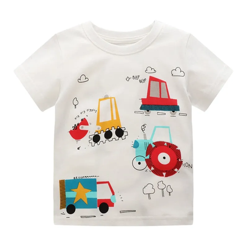 Summer Boys Machinery Print Cotton T-shirt - White