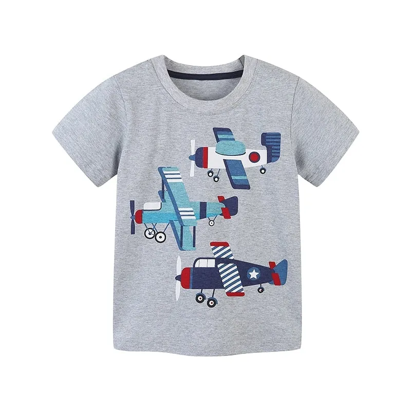 Summer Boys Short Sleeve Cartoon Dinos & Rocket Cotton T-shirt - Blue, Grey, White