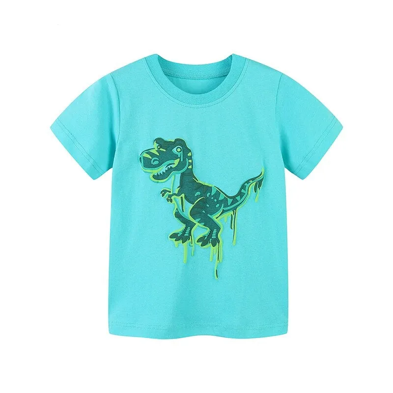 Summer Boys Short Sleeve Cartoon Dinos & Rocket Cotton T-shirt - Blue, Grey, White