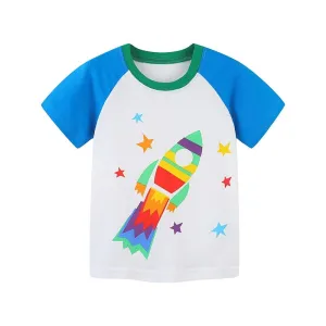 Summer Boys Short Sleeve Cartoon Dinos & Rocket Cotton T-shirt - Blue, Grey, White