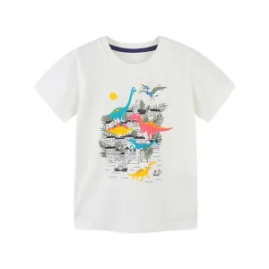 Summer Boys Short Sleeve Cartoon Dinos Cotton T-shirt - Blue, Green, White
