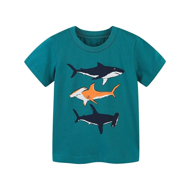 Summer Boys Short Sleeve Cartoon Dinos Cotton T-shirt - Blue, Green, White