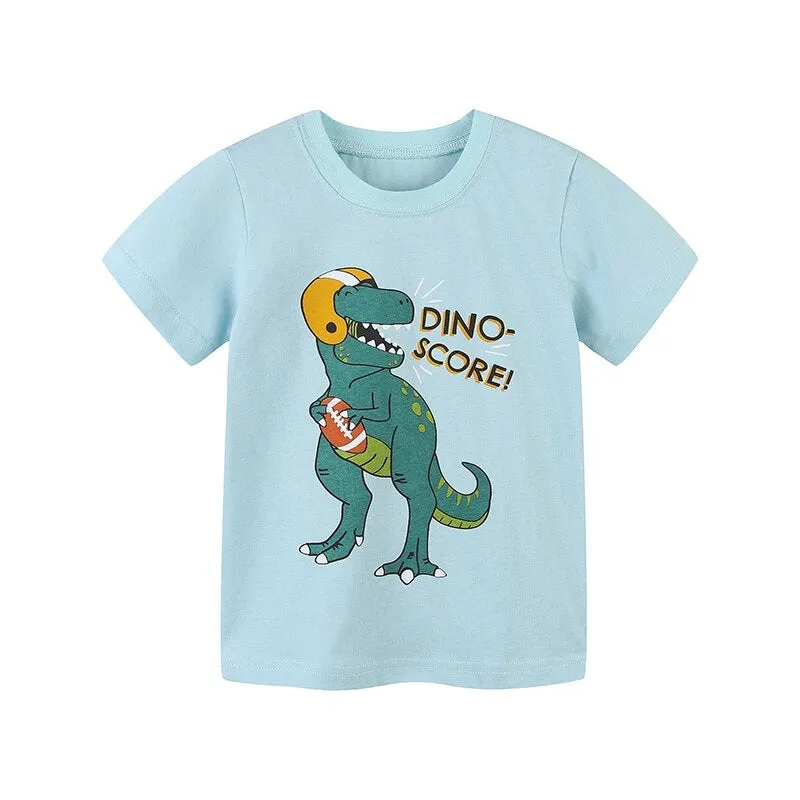 Summer Boys Short Sleeve Cartoon Dinos Cotton T-shirt - Blue, Green, White