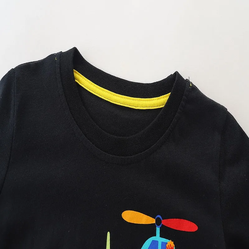 Summer Boys Short Sleeve Cartoon Helicopter Cotton T-shirts - Black, Green