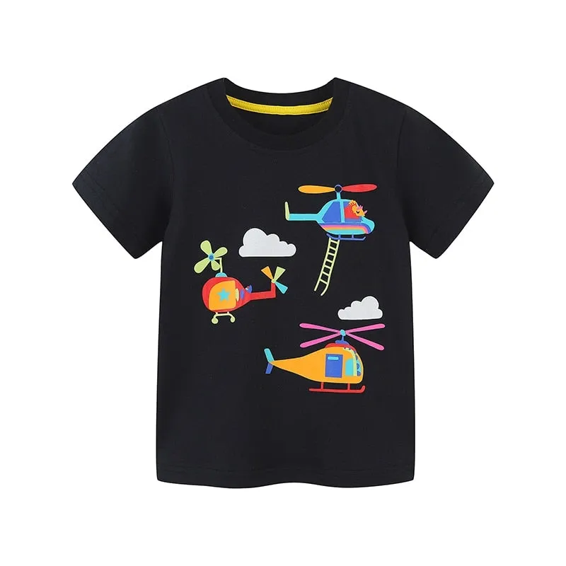 Summer Boys Short Sleeve Cartoon Helicopter Cotton T-shirts - Black, Green
