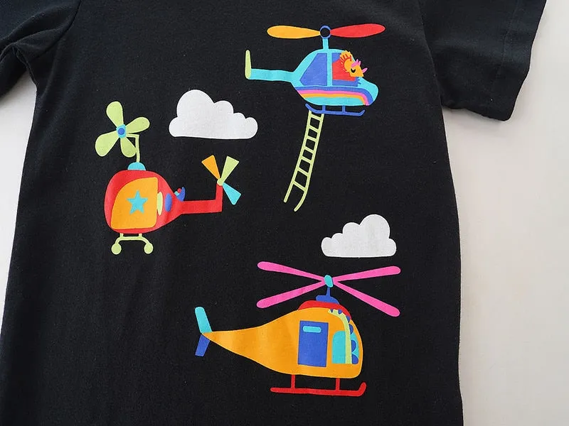Summer Boys Short Sleeve Cartoon Helicopter Cotton T-shirts - Black, Green