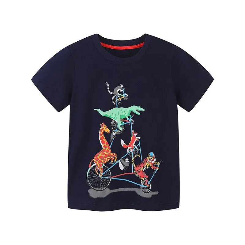 Summer Boys Short Sleeve Cartoon Helicopter Cotton T-shirts - Black, Green
