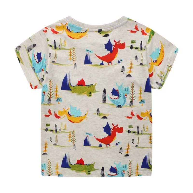 Summer KIds Animals Print Cotton T-shirt - Beige