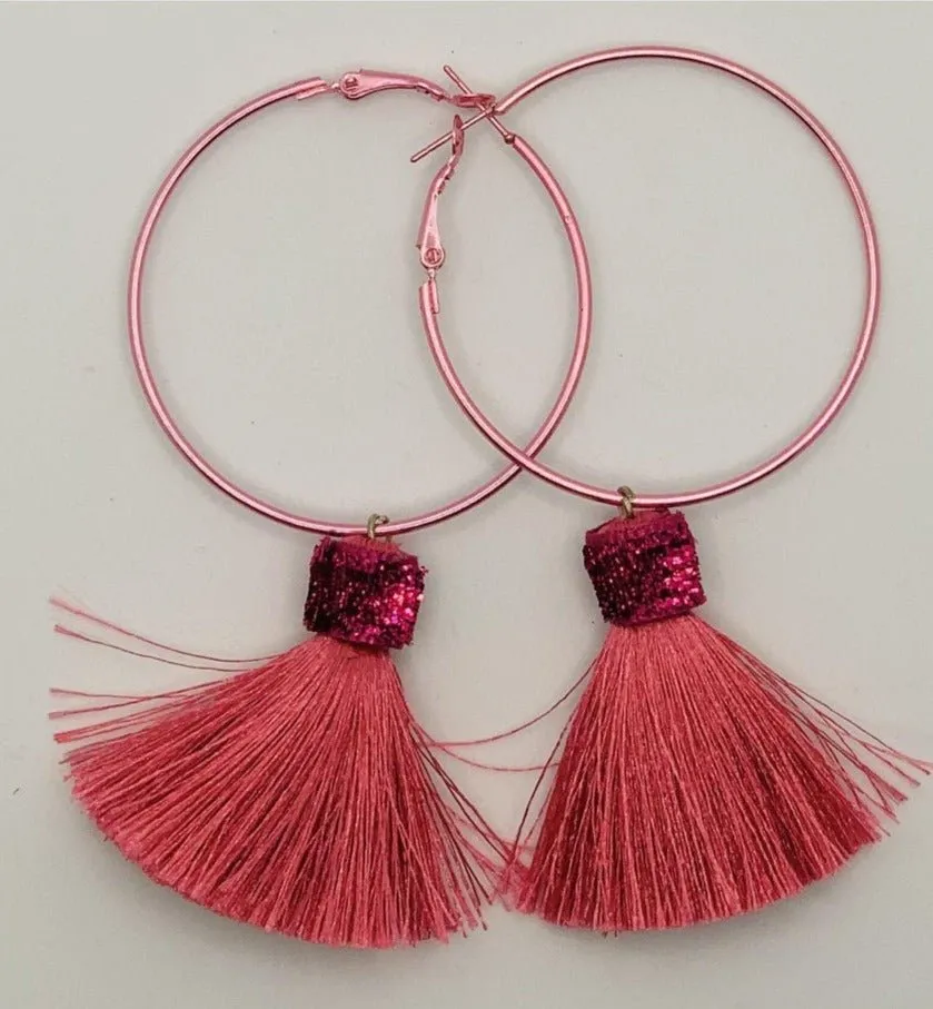 Suzywan DELUXE Fuchsia Tassel Hoop Earrings