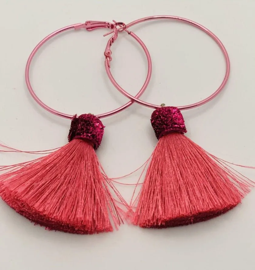 Suzywan DELUXE Fuchsia Tassel Hoop Earrings