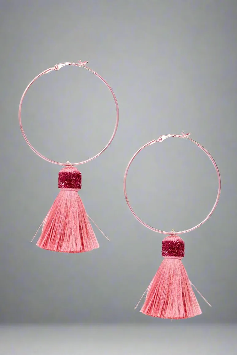 Suzywan DELUXE Fuchsia Tassel Hoop Earrings