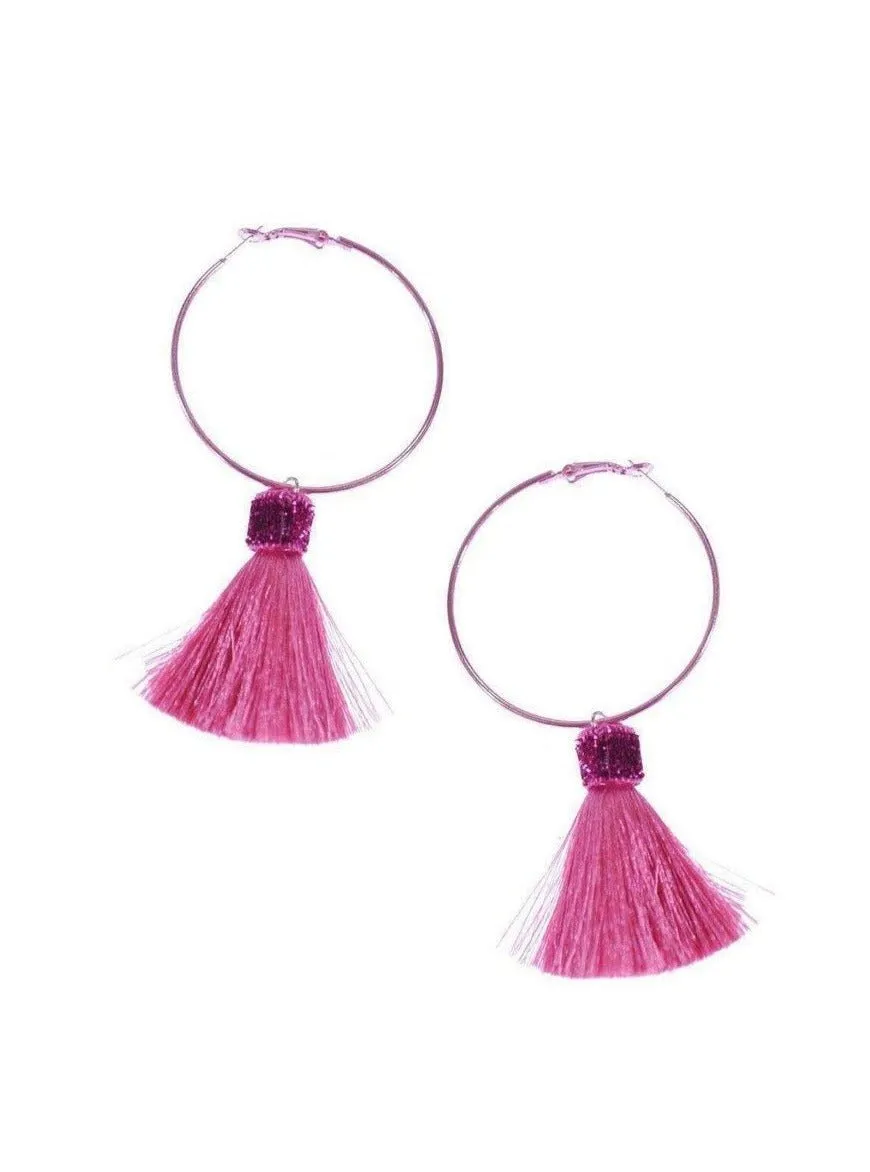 Suzywan DELUXE Fuchsia Tassel Hoop Earrings