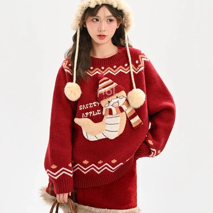 Sweet Cute Style Red Cartoon Little Snake Sweater