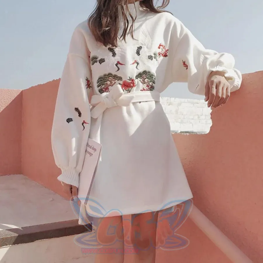 Sweet Frill Round Neck Crane Embroidery Tie Dress J40079