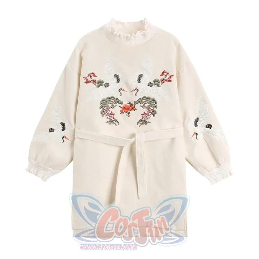 Sweet Frill Round Neck Crane Embroidery Tie Dress J40079