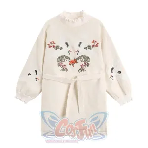 Sweet Frill Round Neck Crane Embroidery Tie Dress J40079
