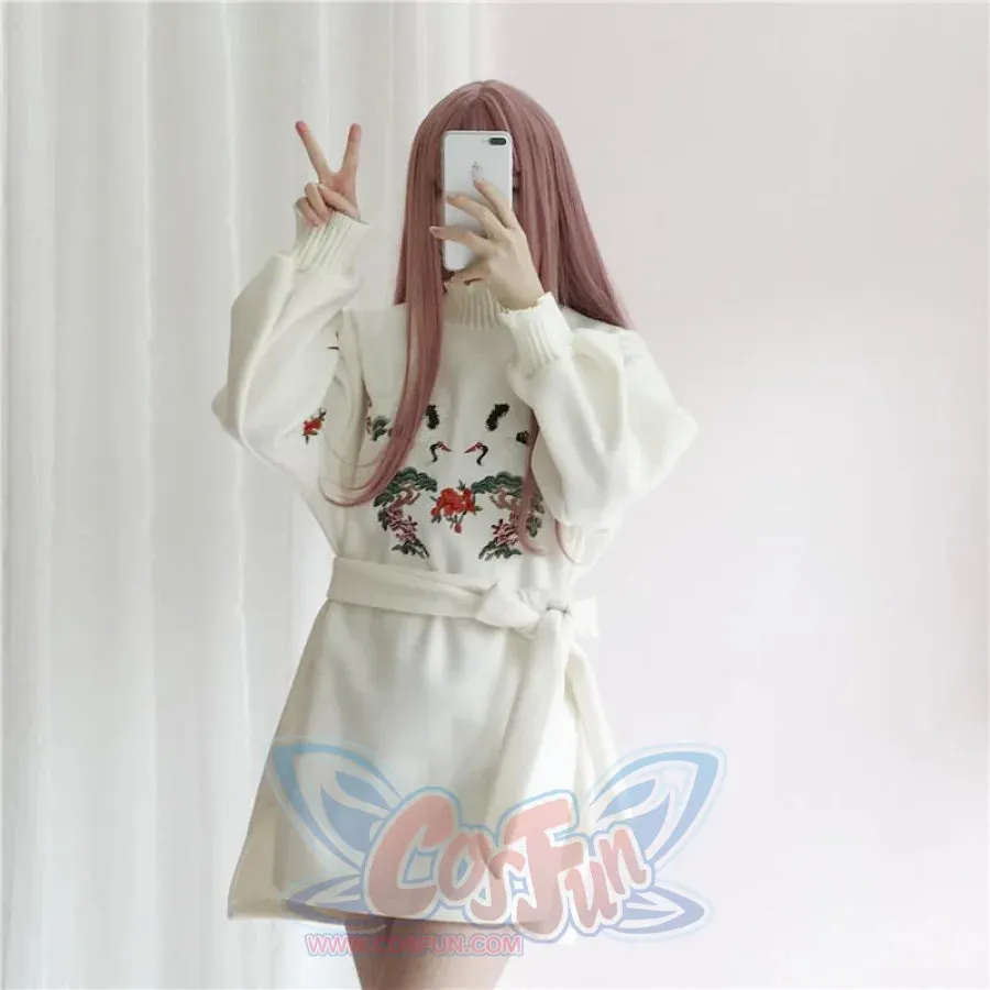 Sweet Frill Round Neck Crane Embroidery Tie Dress J40079