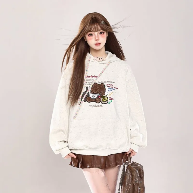 Sweet Girl Style Cartoon Bear Print Hooded Sweatshirt
