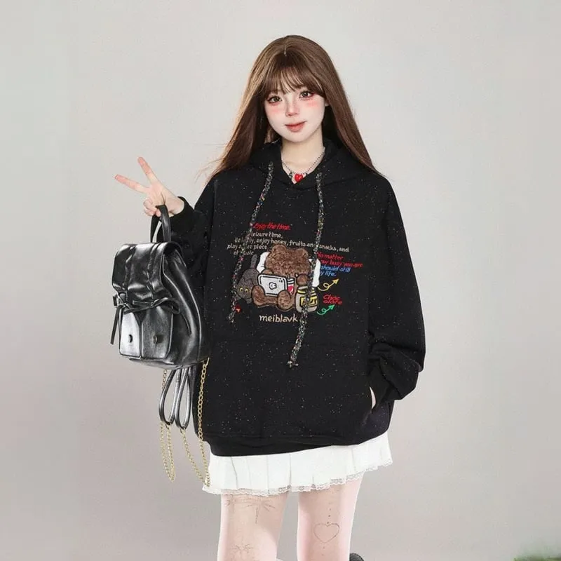 Sweet Girl Style Cartoon Bear Print Hooded Sweatshirt