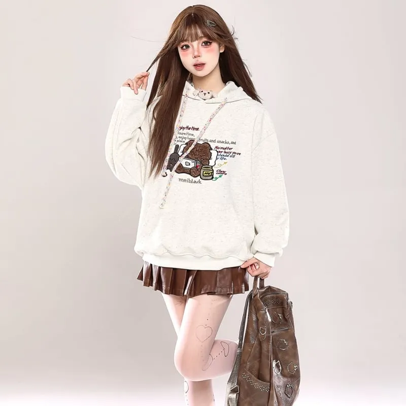 Sweet Girl Style Cartoon Bear Print Hooded Sweatshirt