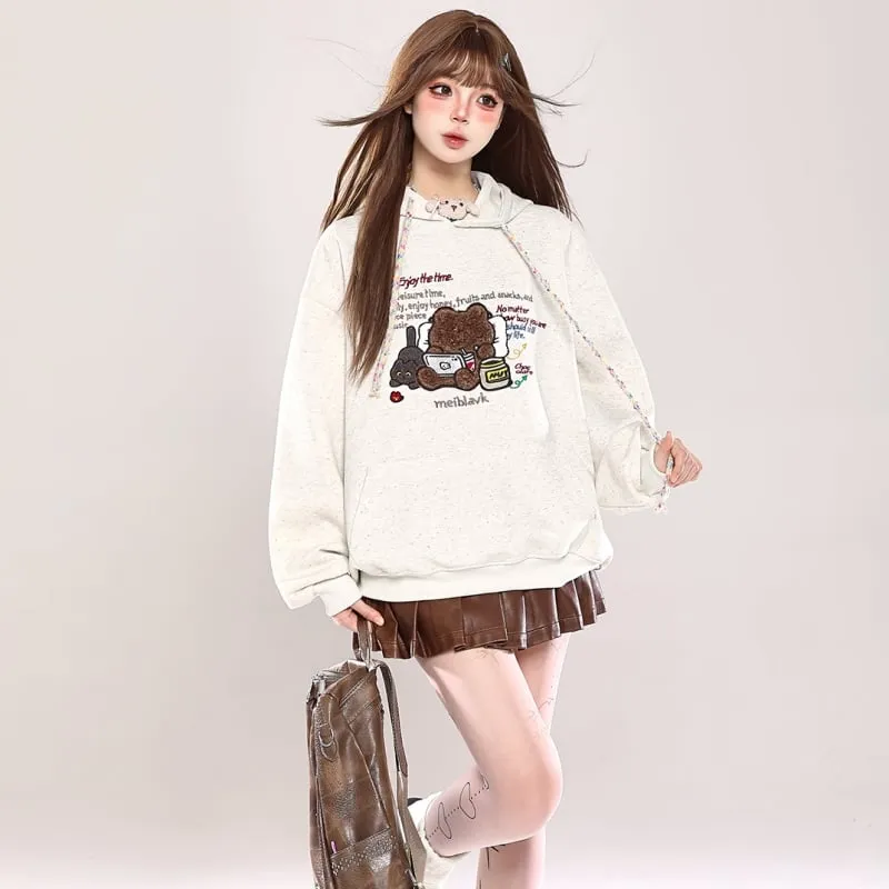 Sweet Girl Style Cartoon Bear Print Hooded Sweatshirt