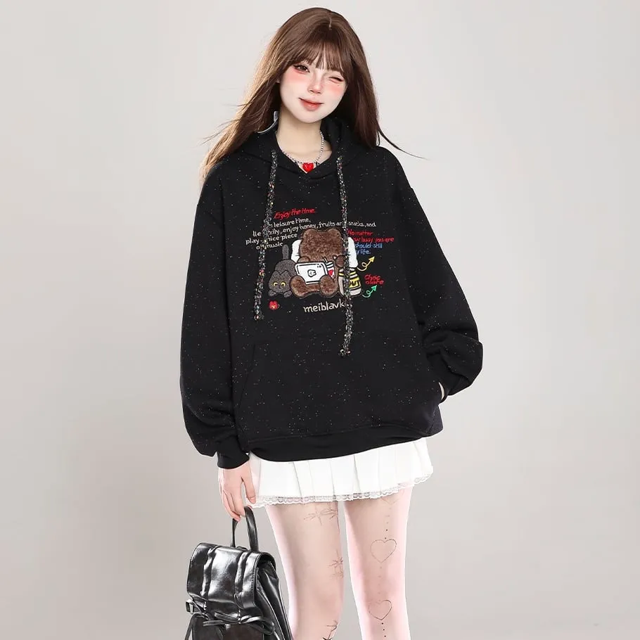 Sweet Girl Style Cartoon Bear Print Hooded Sweatshirt