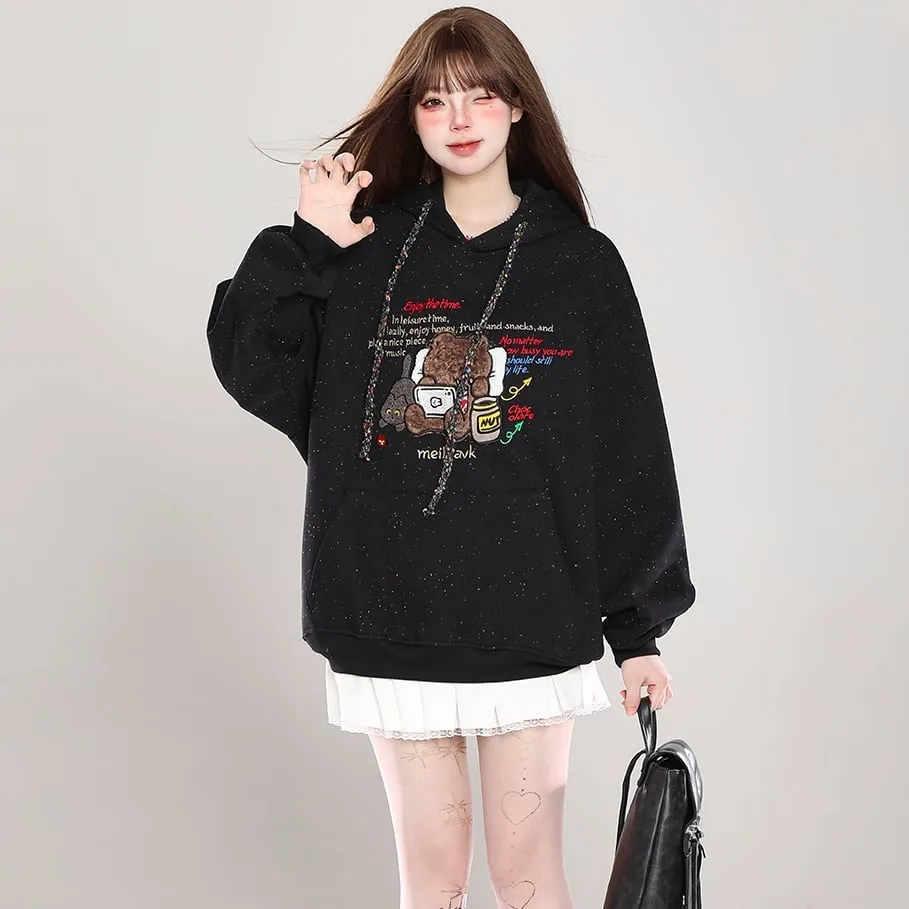 Sweet Girl Style Cartoon Bear Print Hooded Sweatshirt