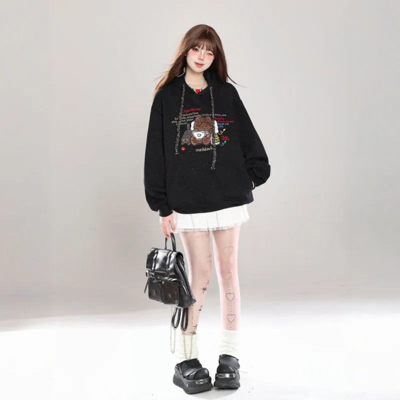 Sweet Girl Style Cartoon Bear Print Hooded Sweatshirt