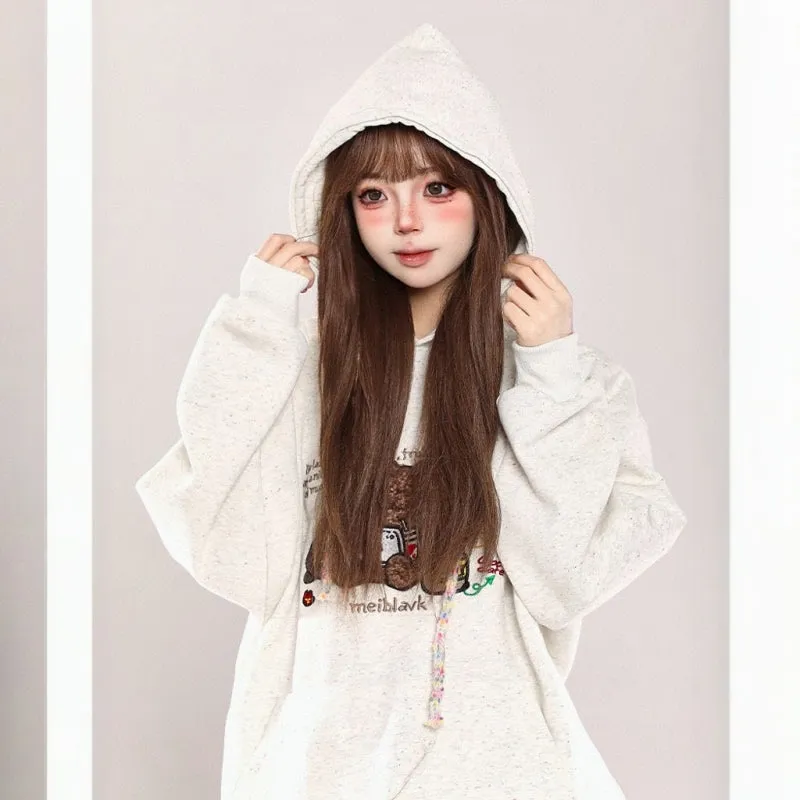 Sweet Girl Style Cartoon Bear Print Hooded Sweatshirt
